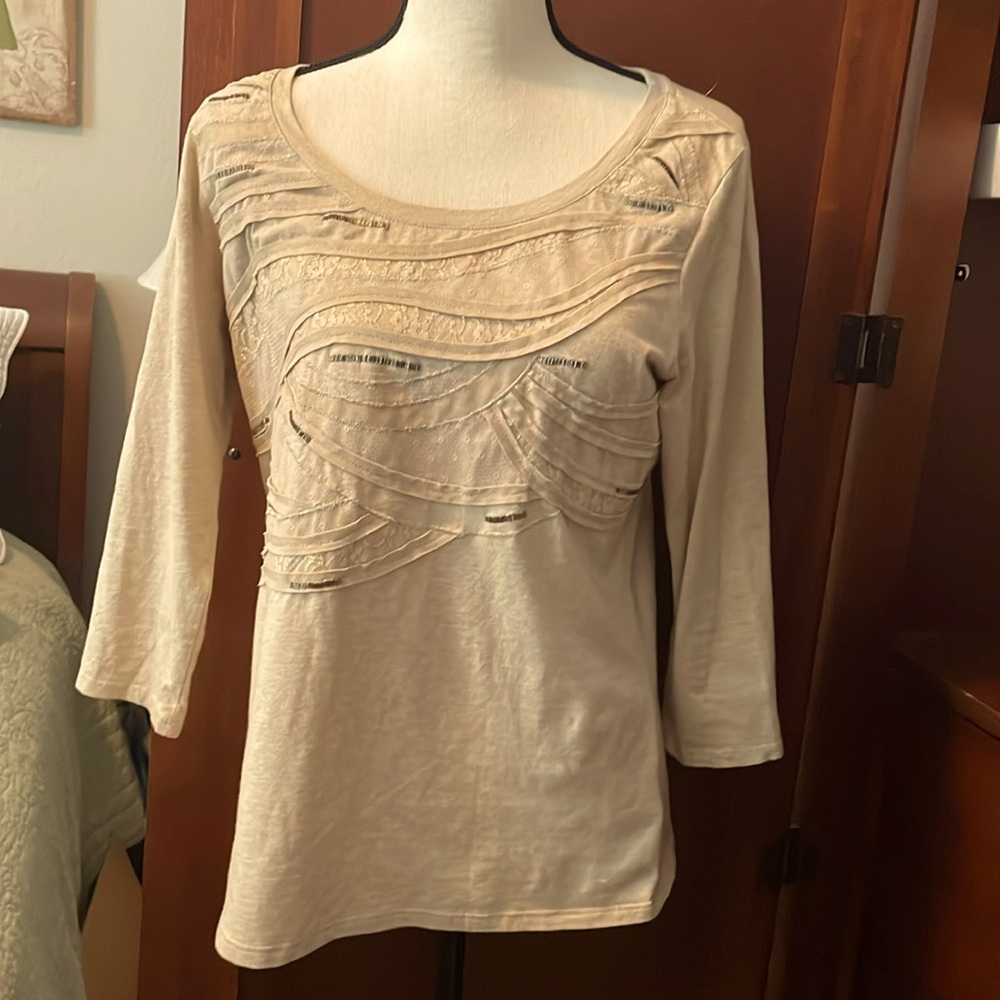 Coldwater Creek Women's Long Sleeve Scoop Neck Tee in Light Beige
